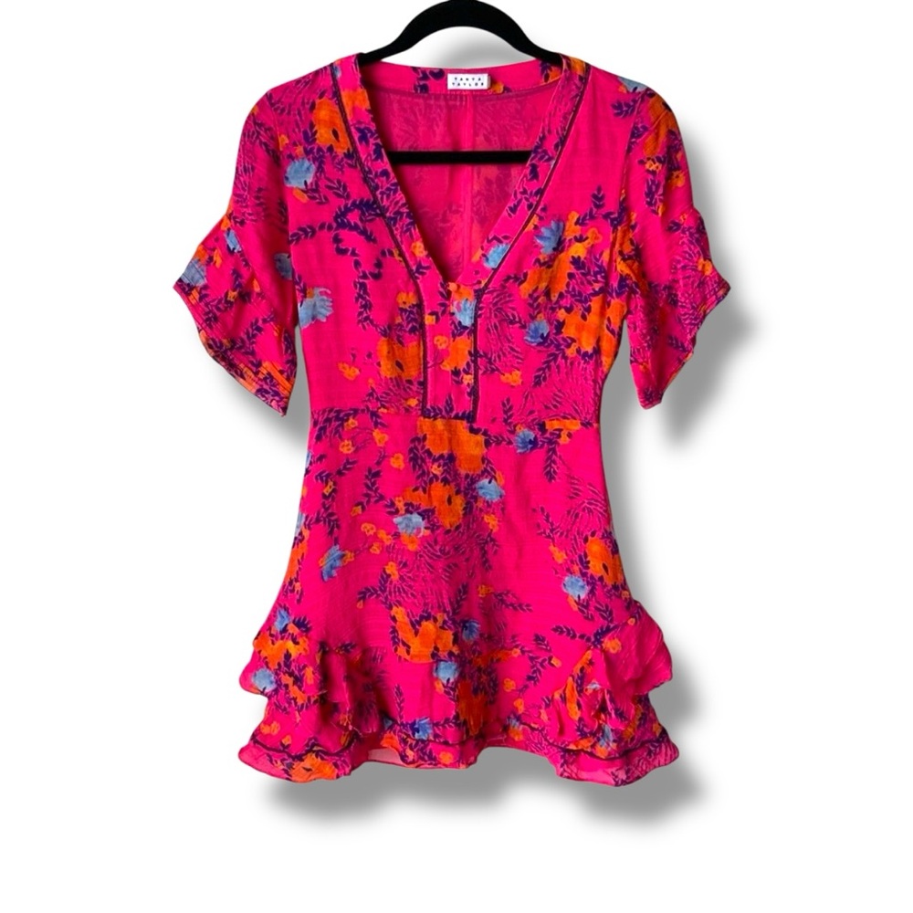 TANYA TAYLOR Kayla Dress Falling Floral Flower Ruffle Silk Event Hot Pink Size 0 - Picture 2 of 16